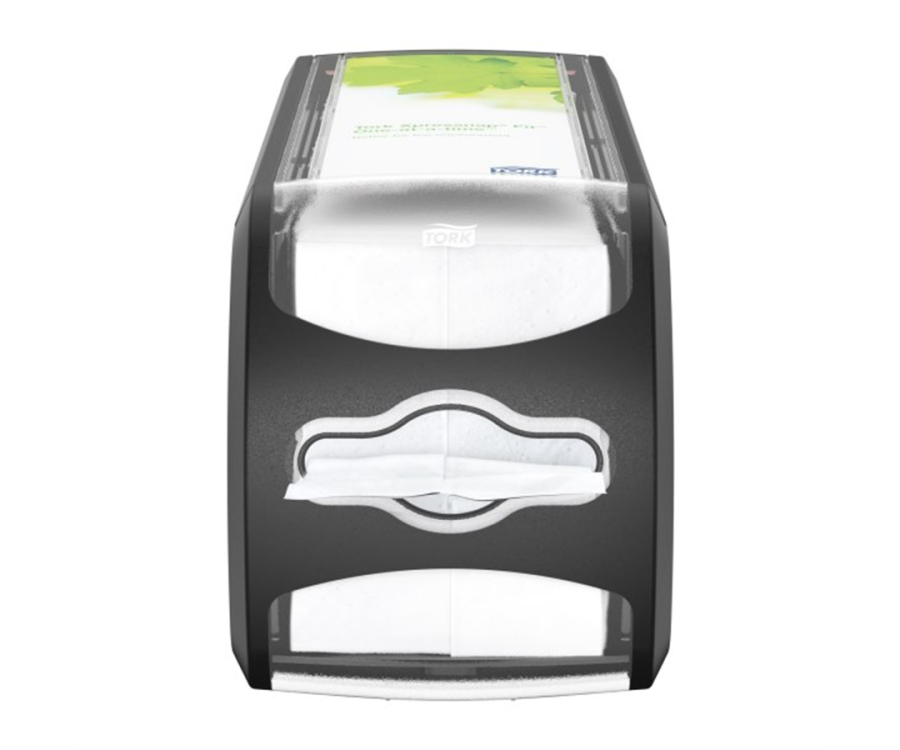 A black tabletop napkin dispenser with visible white napkins and a green label on top. Tork Xpressnap Fit® Counter Napkin Dispenser (12.8 in. x 4.8 in. x 5.6 in., 1/Case)